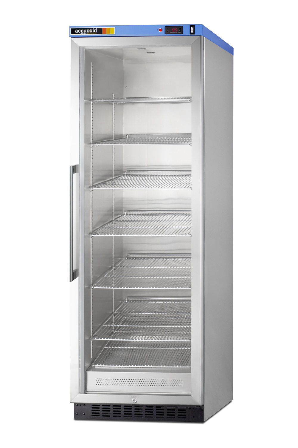 Single chamber passive heating blanket warmer with a self-closing glass door, stainless steel interior, digital thermostat, stainless steel cabinet, and lock